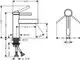Ein schwarzer Einhebel-Waschtischmischer von Hansgrohe, dargestellt in einem technischen Diagramm mit Maßangaben und Anschlussdetails.